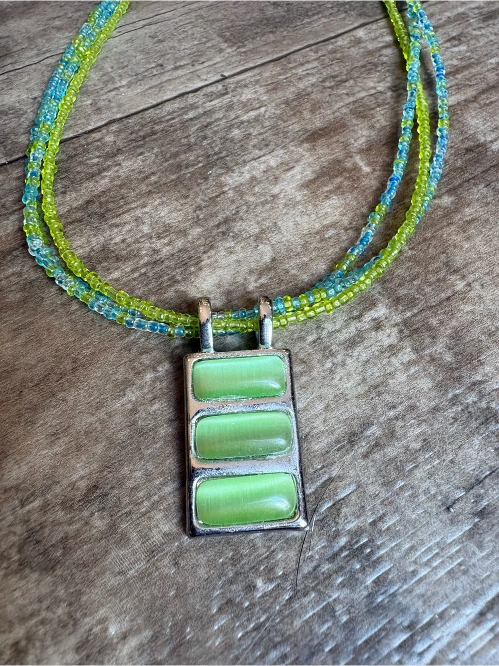 Lia Sophia Lime & Aqua Multi-Strand Beaded Necklace with Rectangular Pendant